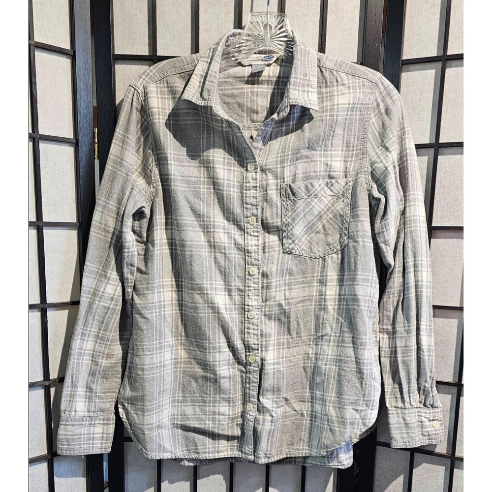 OLD NAVY Womens Classic Shirt Size M Heather Grey/White Plaid Long Sleeve Casual - Picture 2 of 7